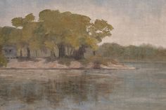 an oil painting of a lake with trees on the shore and a house in the distance