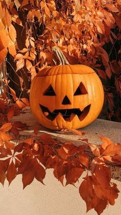 a carved pumpkin sitting on top of a cement slab next to leaves and trees in the background