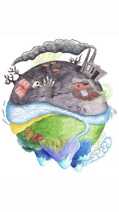 a drawing of an animal floating on top of the earth with trees and water around it