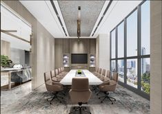 a conference room with chairs and a large white table