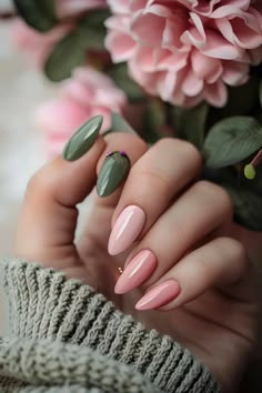 Pink And Green Almond Nails Design, Green And Pink Manicure, Green And Mauve Nails, Pink Green Nail Art, Green And Pink Nail Ideas, Nails 2024 Green, Sage And Pink Nails, Pastel Pink And Green Nails, Sage Green And Pink Nails