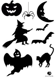 the silhouettes of halloween pumpkins and bats are shown in black on a white background