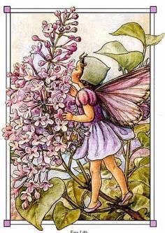 a fairy is standing next to some flowers