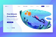 a landing page for a bitcoin website with an image of a man swimming in the water