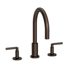 the faucet is shown in bronze with two handles and nozzles on each side