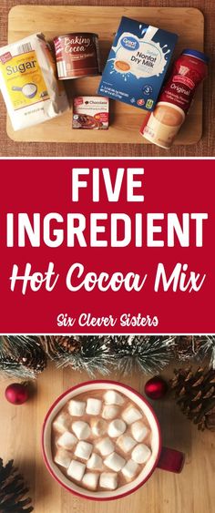 five ingredient hot cocoa mix in a red bowl on a cutting board with pine cones