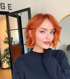 Outfit For Orange Hair, Copper Short Hair Color, Sherbet Orange Hair, Fashion Hair Color Ideas For Short Hair, Cowboy Copper Fair Skin, Red Copper Hair Color Short, Short Hair And Color Ideas, Copper Hair Makeup Looks, Copper Hair Bob Haircut