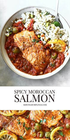 a bowl filled with chicken, rice and vegetables next to the words spicy moroccan salmon