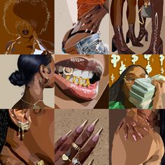 a collage of images with different women's teeth and rings on their fingers