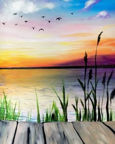 a painting of birds flying over the water at sunset by a wooden deck with grass and reeds