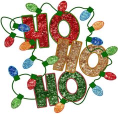 the word ho ho is surrounded by christmas lights and garlands on a white background