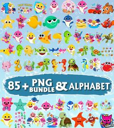 an image of cartoon fish and sea animals with the text,'85 + png &