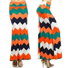 Skirt Maxi Full Length Chevron Summer High Waist Stretch New Zig Zag Casual Long Skirt Outfits For Summer, Long Skirt Outfits, Skirt Maxi, High Waist Fashion, Chevron Design, Turquoise Green, Summer Skirts, Casual Skirt, Orange White