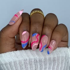 Three Color Nail Designs, Black And Colour Nails, Boardmasters Nails, Blue And Pink Swirl Nails, Blue Nails Acrylic With Design, Fine Line Nail Designs, Colorful Line Nails, Royal Blue And Hot Pink Nails, Fun Colourful Nails