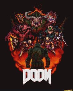 an image of the video game doom with many characters in front of fire and flames