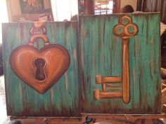 two pieces of art with keys and a heart on them