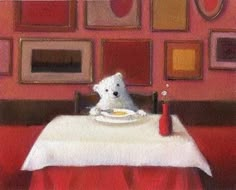 a painting of a stuffed animal sitting at a table in front of a plate with food on it