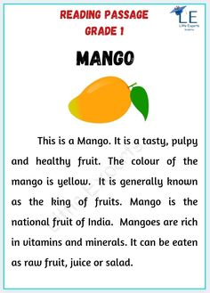 an orange reading passage with the words mango in english and spanish on top of it