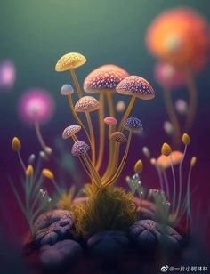 an image of many different mushrooms in the grass with rocks and plants growing out of them