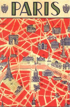 the map of paris in red and black, with buildings on it's sides