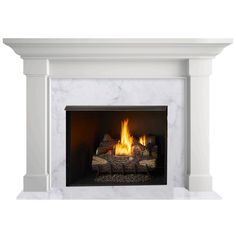 a white fireplace with an open fire place and logs on the mantle, against a white background