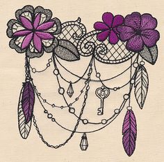 a drawing of flowers and feathers on a piece of paper with lace hanging from it