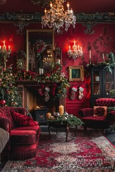 a living room decorated for christmas with red furniture