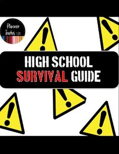 the high school survival guide is shown in black and yellow with red lettering on it