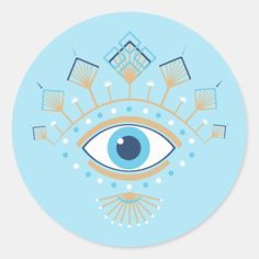 an eye surrounded by other objects on a light blue circular sticker with the words,'all seeing things are possible '