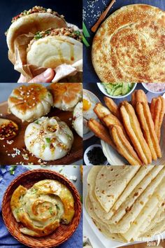 several different types of food are shown in this collage, including breads and other foods