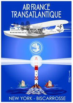 an airfrance transatlantique poster with two boats and a lighthouse