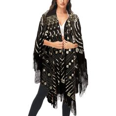 Elevate your ensemble with our Anna-Kaci Oversize Hand Beaded Fringed Sequin Evening Shawl Wrap, where rock glam meets chic elegance. Crafted with intricate beading, sequins, and embroidery, this sleeveless wrap features a stunning geometric design and long, soft fringe for added flair. Fitted Black Shawl For Party, Black Party Shawl, Mesh Bolero, Cropped Shrug, Evening Shawls, Drop Shoulder Cardigan, Shrug Cardigan, Ribbed Cardigan, Mesh Long Sleeve