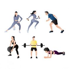 a group of people doing different exercises with dumbbells and barbells in their hands