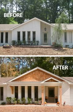 before and after photos of a white brick house