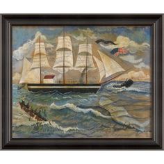 a painting of a ship in the ocean with an american flag on it's mast