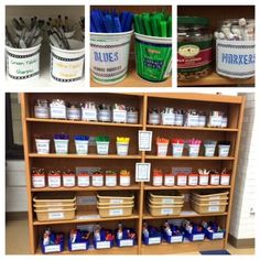 a book shelf filled with lots of books and containers