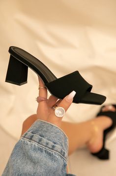 Shop Black Block Heel Mules at MISSLOLA.COM Block Heel Mules, Pretty Sandals, Fashion Shoes Heels, Shoes Heels Classy, Heeled Mules Sandals, Beautiful Sandals, Heels Classy, Black Block Heels, Heel Mules