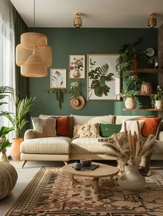 a living room filled with lots of furniture and plants on top of the couches