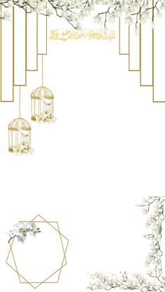 a white and gold wedding card with flowers, birdscages and branches in the background