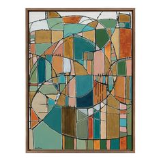 an abstract painting with various colors and shapes in brown frame on the wall above it