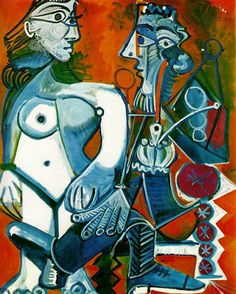 an abstract painting with two women and a man in the foreground, one holding a guitar