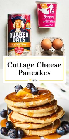 cottage cheese pancakes on a plate with blueberries and yogurt in the background