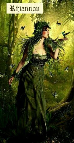 a woman in a green dress is walking through the woods with birds flying around her