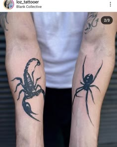 two black scorpion tattoos on both arms