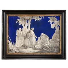 an image of the birth of jesus in blue and white with palm trees behind it