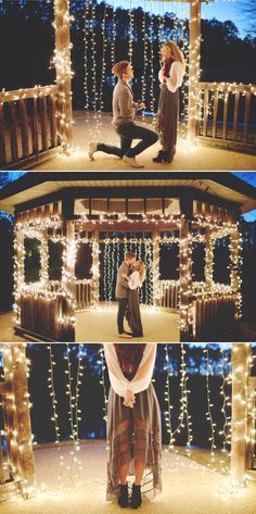 two people sitting on top of a wooden structure covered in christmas lights and fairy lights