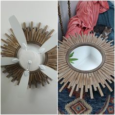 two pictures one shows a mirror and the other shows a sunburst made out of sticks