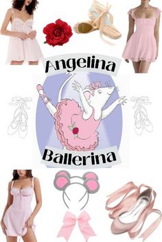 a woman in pink dress and shoes standing next to each other with the words, angelina ballerina on it