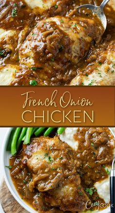 french onion chicken with a side of mashed potatoes and green beans French Onion Stuffed Chicken, Chicken Casserole Recipes, Gourmet Chicken, French Onion Chicken, Easy Skillet, With Mashed Potatoes, Onion Sauce, Gourmet Dinner