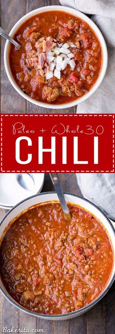 two bowls filled with chili next to each other on top of a wooden table,